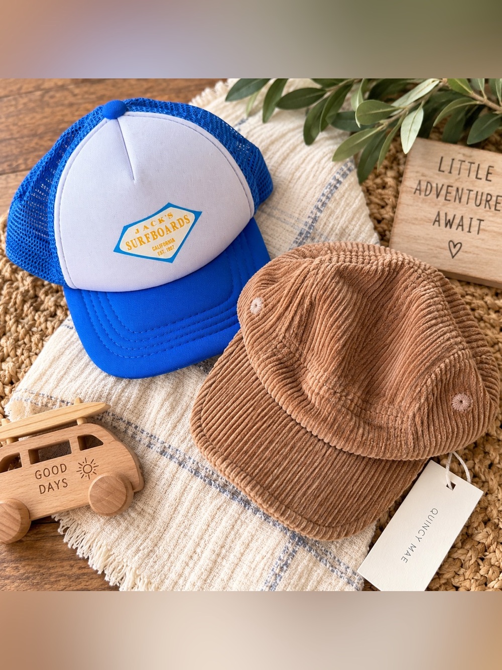 Quincy Mae Corduroy Baby Cap 6-12M Cognac Rust NWT + Jack’s Surfboards Hat